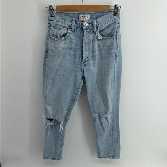 AGOLDE Riley hi rise distressed button fly slim mom cropped denim jeans sz 25 - Picture 1 of 7